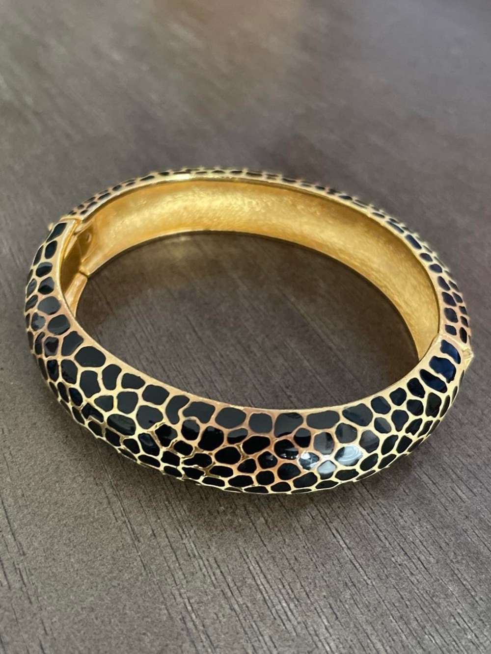 Vintage Kenneth Lane Gold-tone Black Enamel Hinged Bangle Bracelet